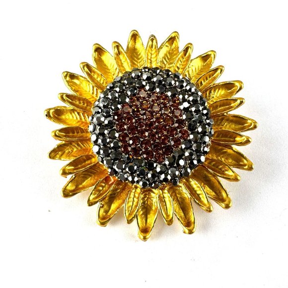 unbranded Jewelry - Sunflower Brooch Yellow Metal with Gray & Amber Rhinestone Crystals